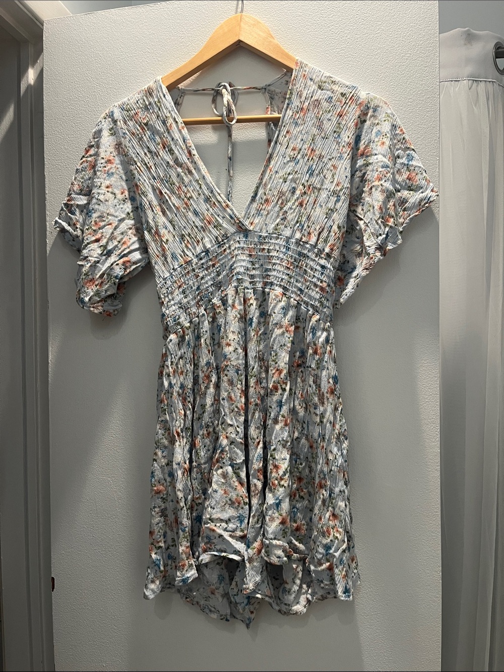 Light Blue Floral V-Neck Smocked Waist Women's romper